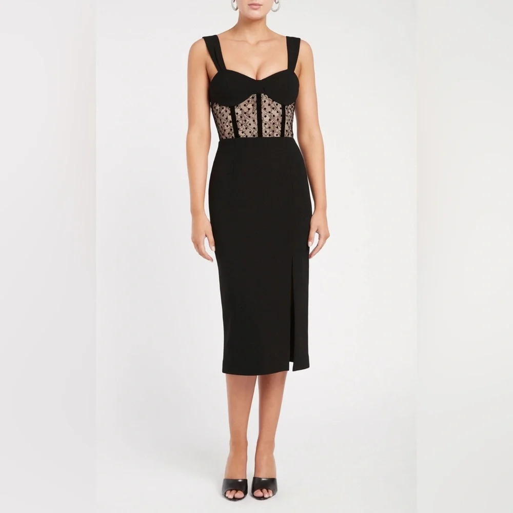 NEW REBECCA VALLANCE Teigan crêpe bustier midi dress US 10. In black